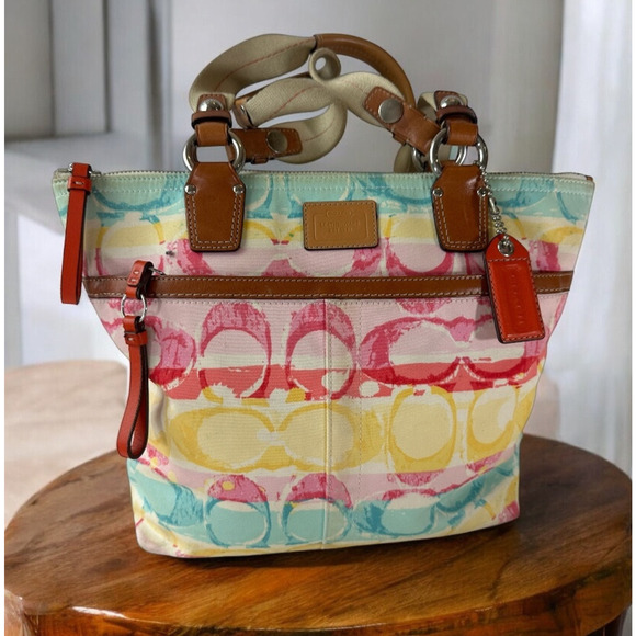 Coach Hampton Watercolor Scribble Handbag Tote Striped Shoulder Bag Purse 11756 - Picture 16 of 16